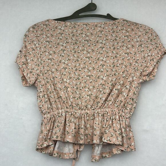 Pacsun Womens Floral Print Peplum Pink Crop Top Tie Front Sz S Short Sleeves - Picture 5 of 6